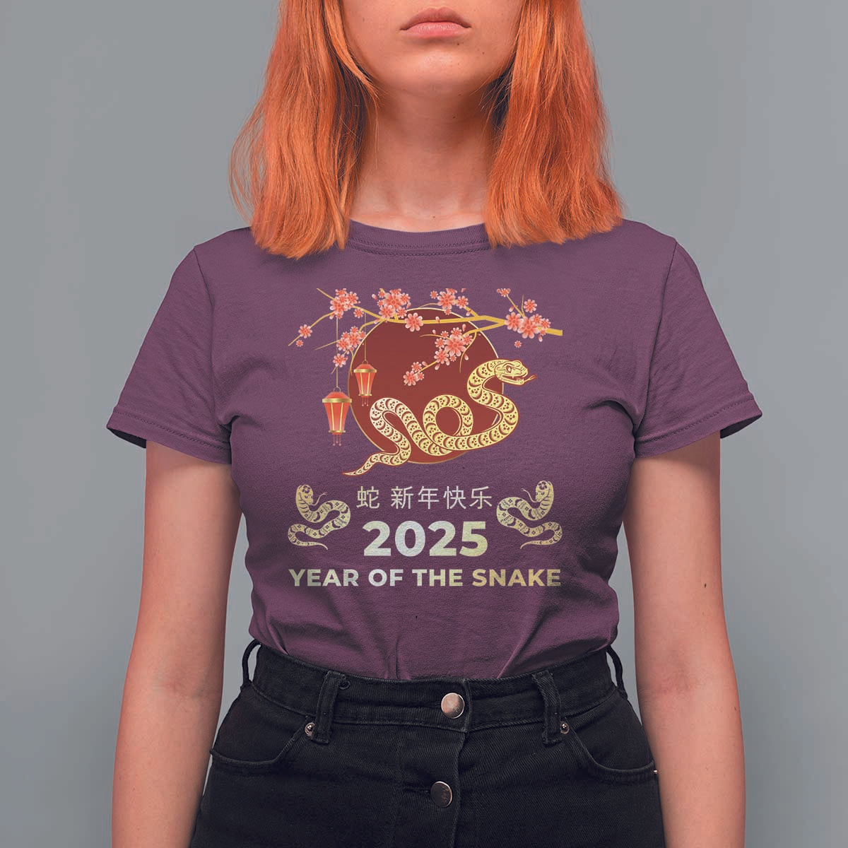 Chinese Lunar New Year 2025 Year Of The Snake T Shirt For Women Cherry Blossom - Wonder Print Shop