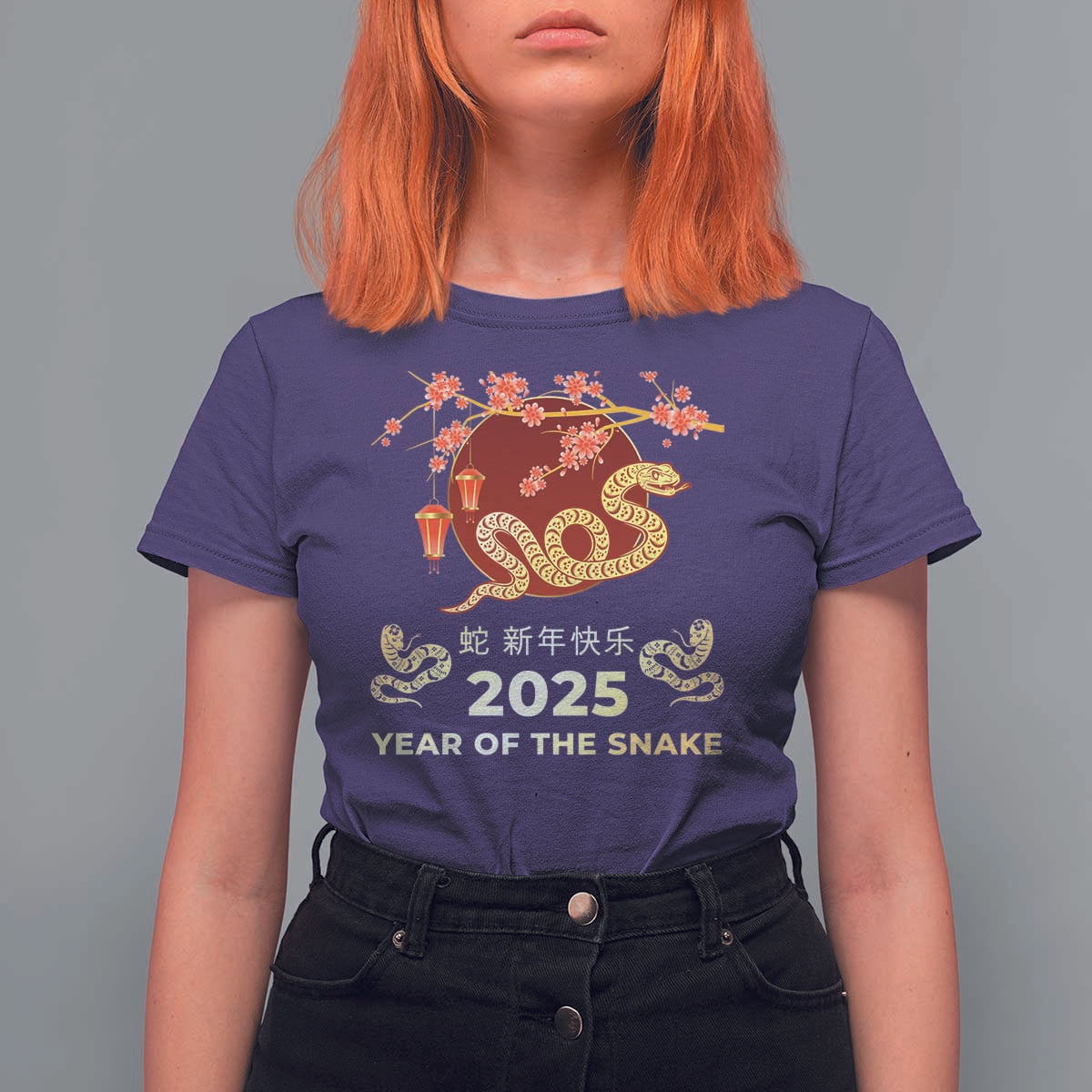 Chinese Lunar New Year 2025 Year Of The Snake T Shirt For Women Cherry Blossom - Wonder Print Shop