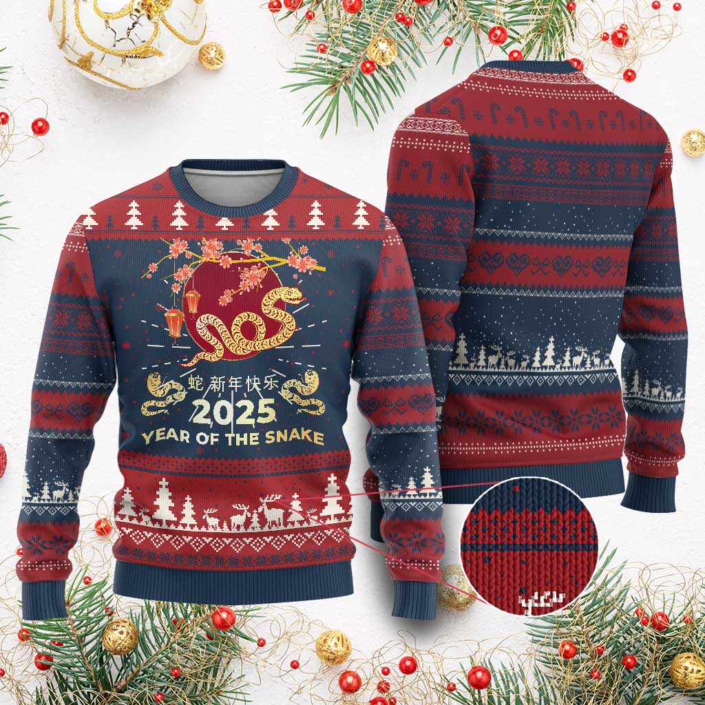 Chinese Lunar New Year 2025 Year Of The Snake Ugly Christmas Sweater Cherry Blossom - Wonder Print Shop