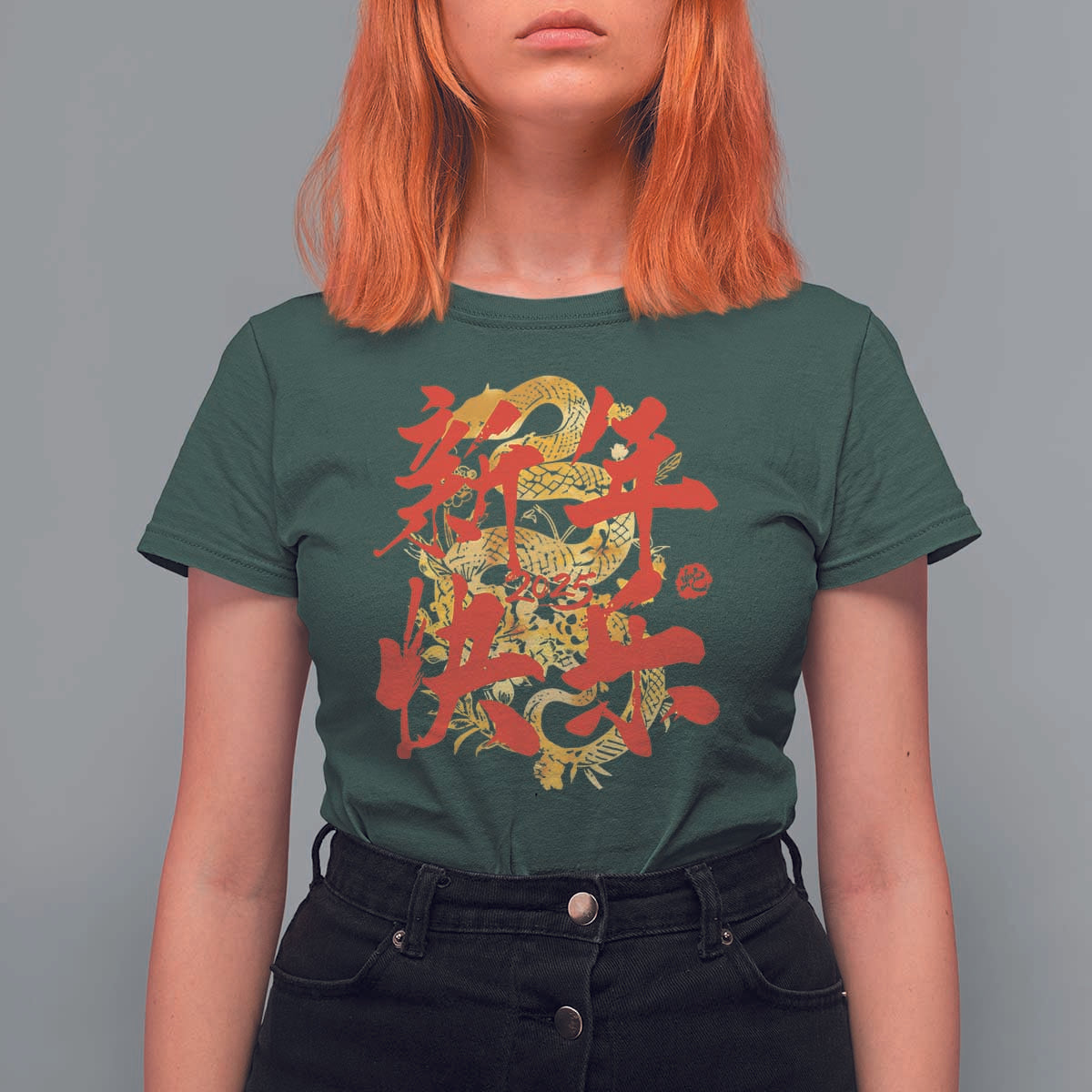Happy Chinese New Year 2025 T Shirt For Women Calligraphy Year Of The Snake Golden Flowers - Wonder Print Shop