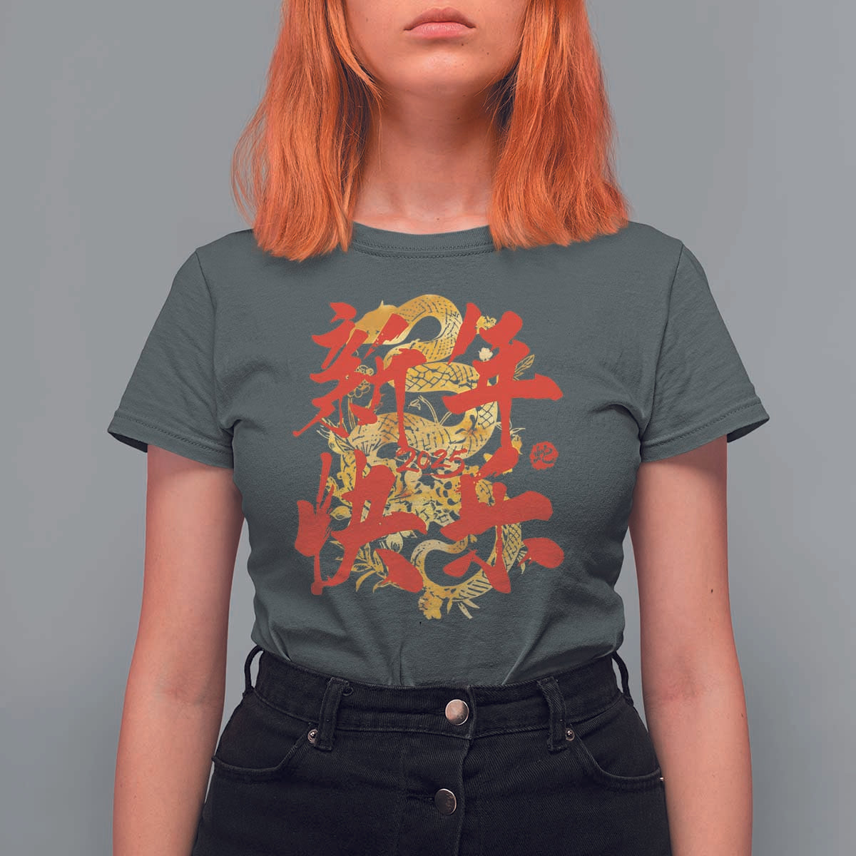 Happy Chinese New Year 2025 T Shirt For Women Calligraphy Year Of The Snake Golden Flowers - Wonder Print Shop