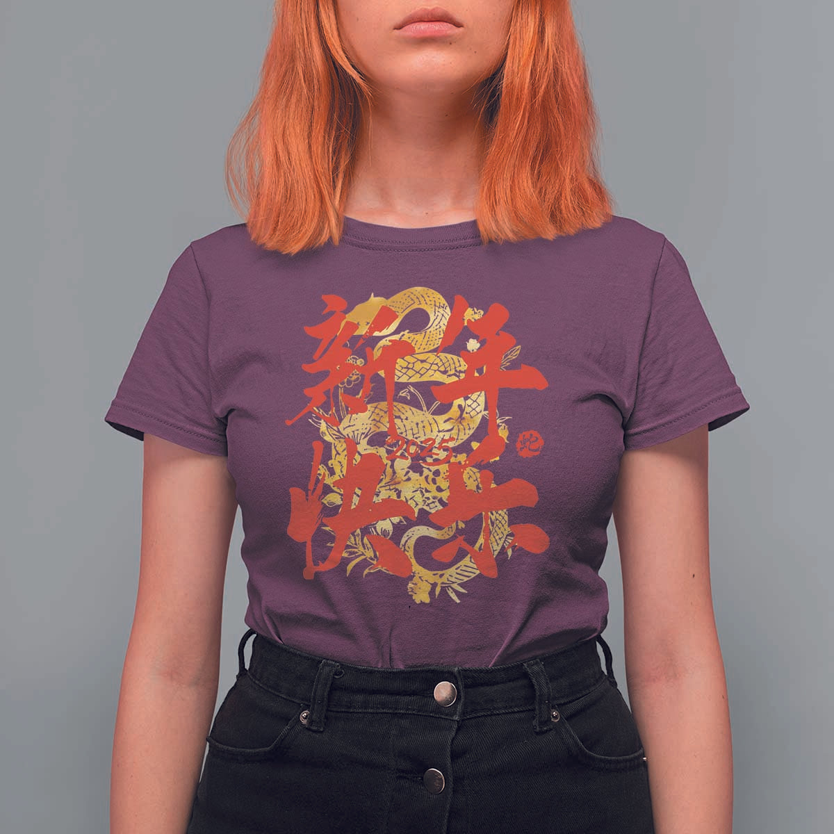 Happy Chinese New Year 2025 T Shirt For Women Calligraphy Year Of The Snake Golden Flowers - Wonder Print Shop