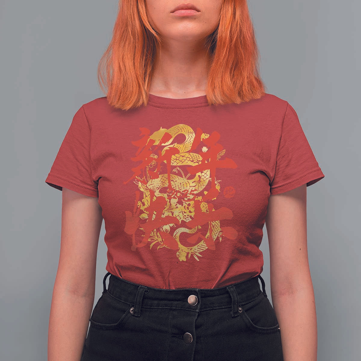 Happy Chinese New Year 2025 T Shirt For Women Calligraphy Year Of The Snake Golden Flowers - Wonder Print Shop