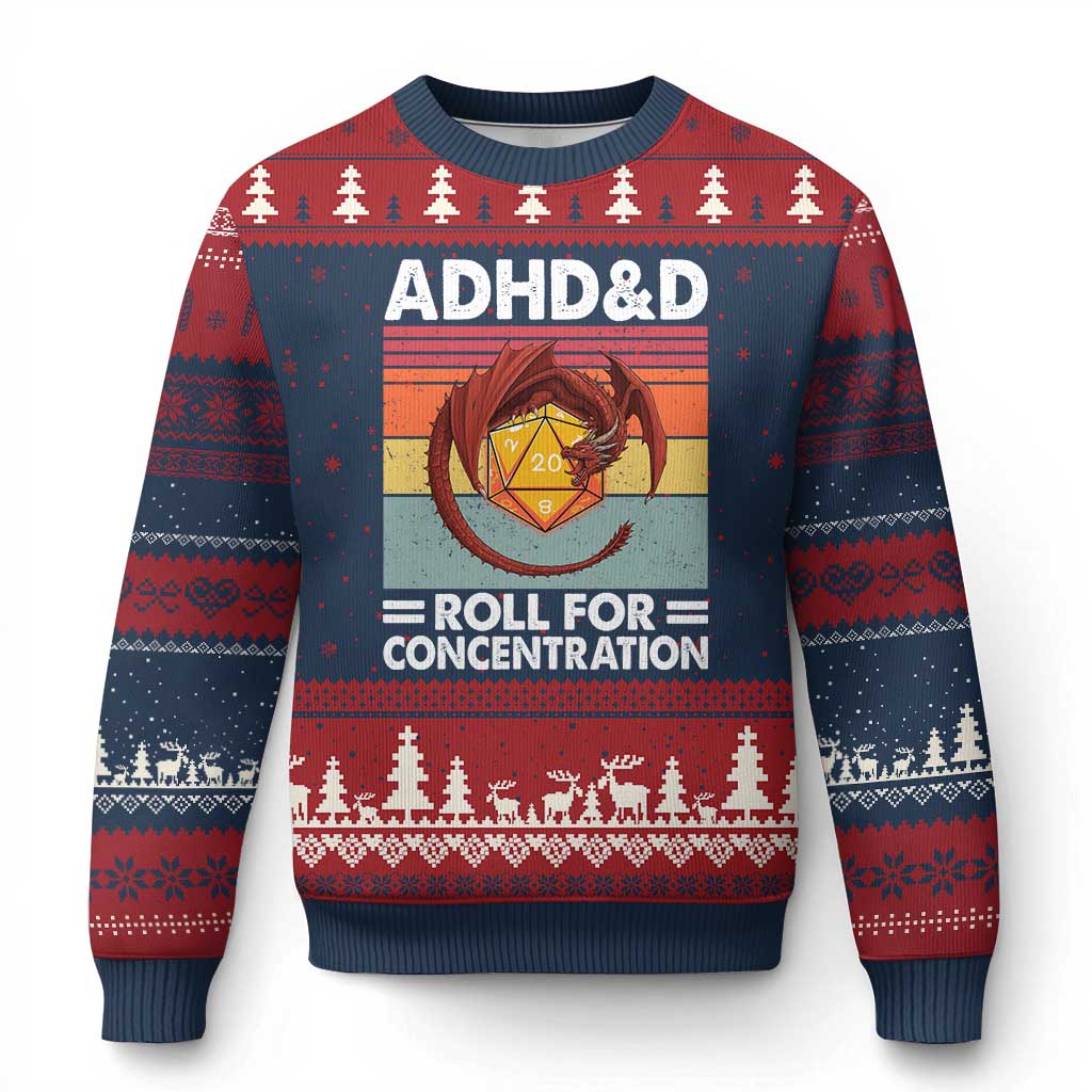 ADHD&D Roll For Concentration Ugly Christmas Sweater Funny RPG Gamer D20 Tabletop Dice - Wonder Print Shop