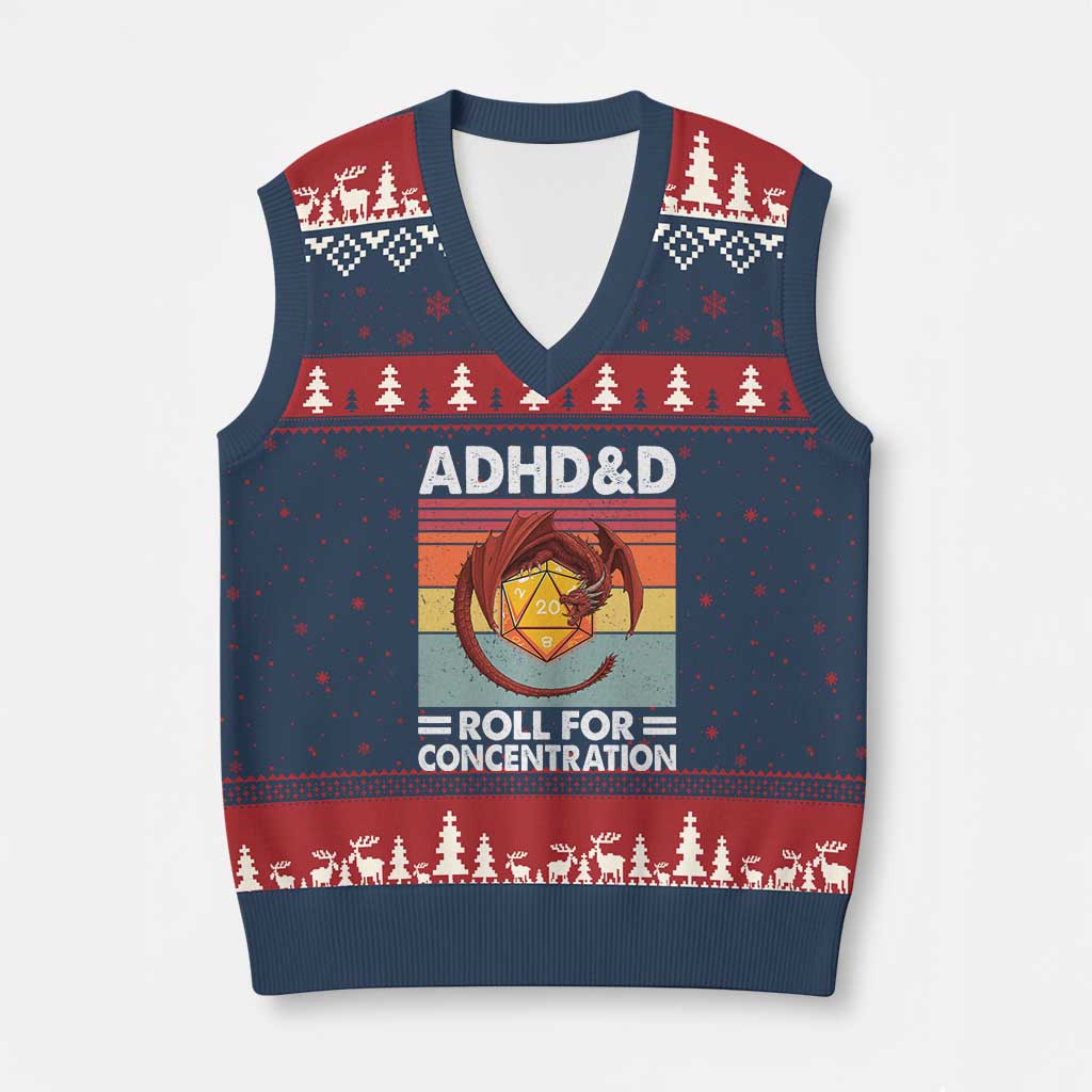 ADHD&D Roll For Concentration V-Neck Knit Sweater Vest Funny RPG Gamer D20 Tabletop Dice - Wonder Print Shop