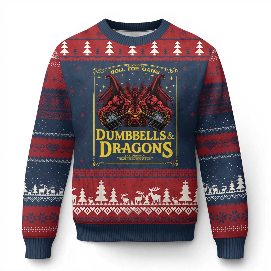 Funny RPG Weightlifting Workout Gym Ugly Christmas Sweater Dumbbells And Dragons The Original Swoleplaying Game - Wonder Print Shop