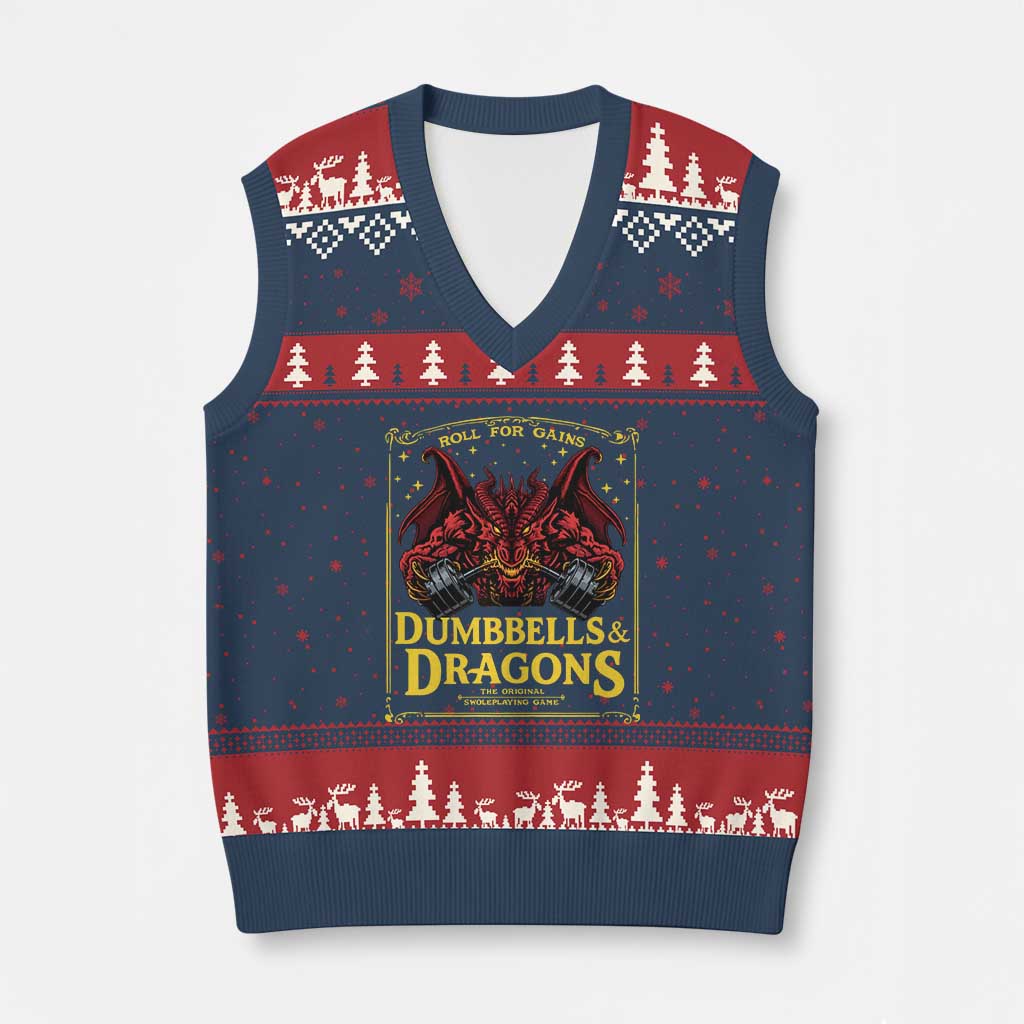 Funny RPG Weightlifting Workout Gym V-Neck Knit Sweater Vest Dumbbells And Dragons The Original Swoleplaying Game - Wonder Print Shop