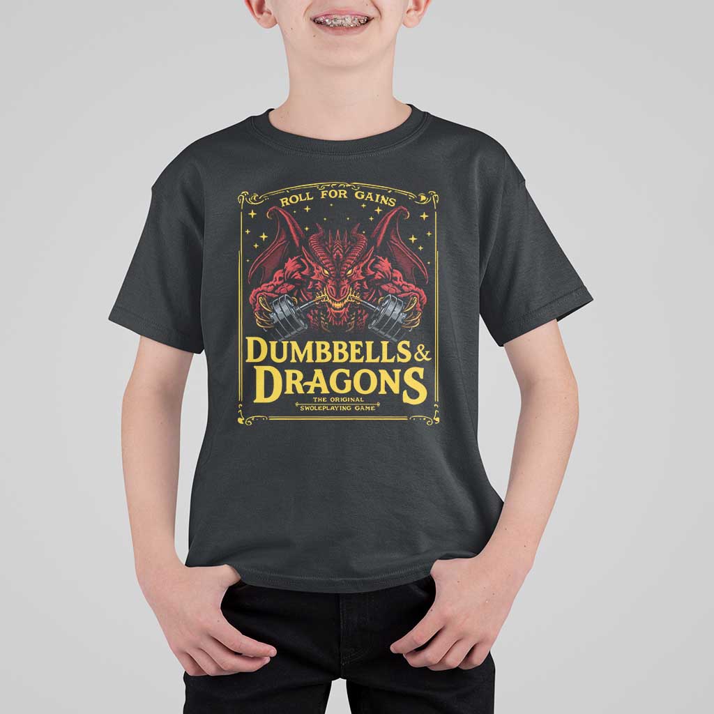 Funny RPG Weightlifting Workout Gym T Shirt For Kid Dumbbells And Dragons The Original Swoleplaying Game - Wonder Print Shop