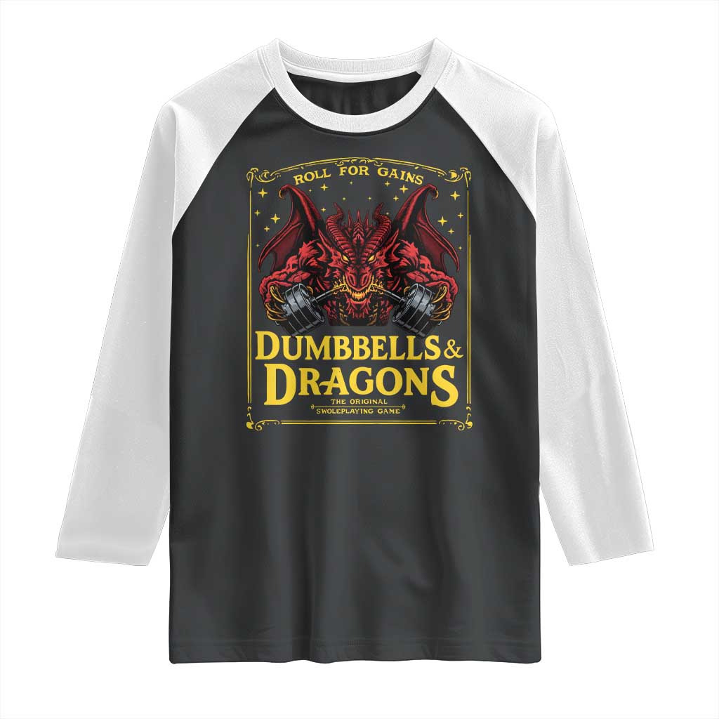 Funny RPG Weightlifting Workout Gym Raglan Shirt Dumbbells And Dragons The Original Swoleplaying Game - Wonder Print Shop