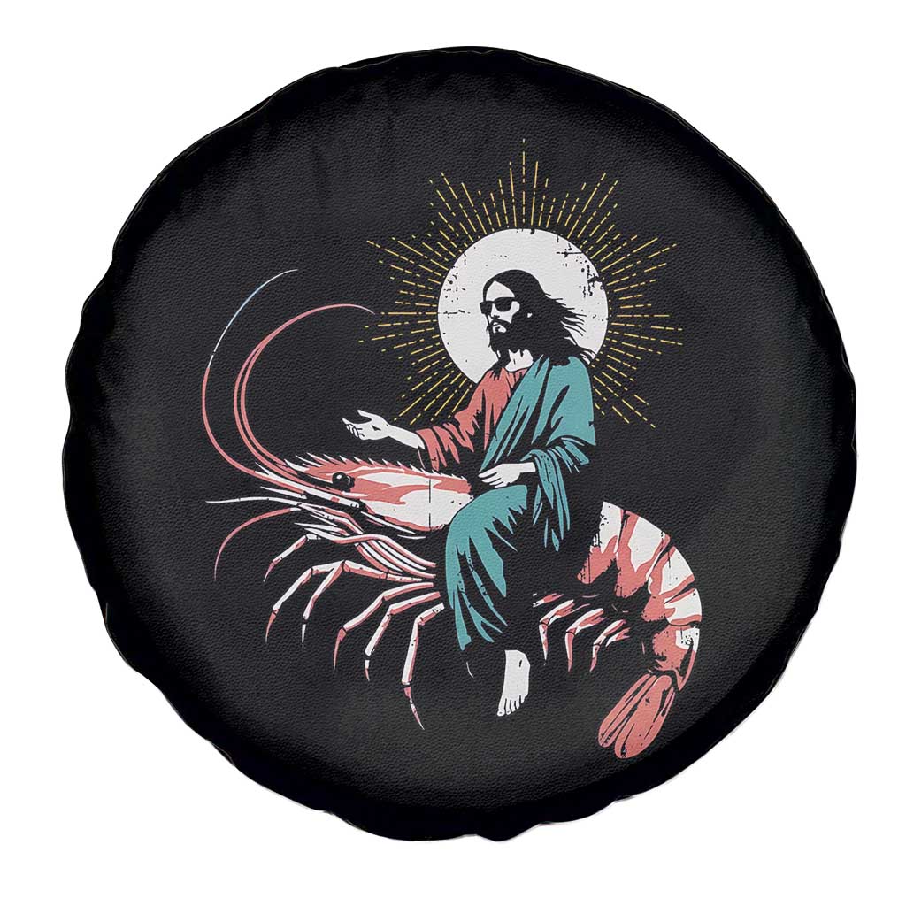 Funny Christian Prawn Spare Tire Cover Retro Jesus Riding A Shrimp Meme - Wonder Print Shop