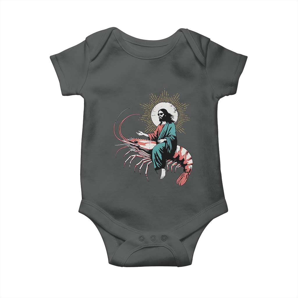 Funny Christian Prawn Baby Onesie Retro Jesus Riding A Shrimp Meme - Wonder Print Shop