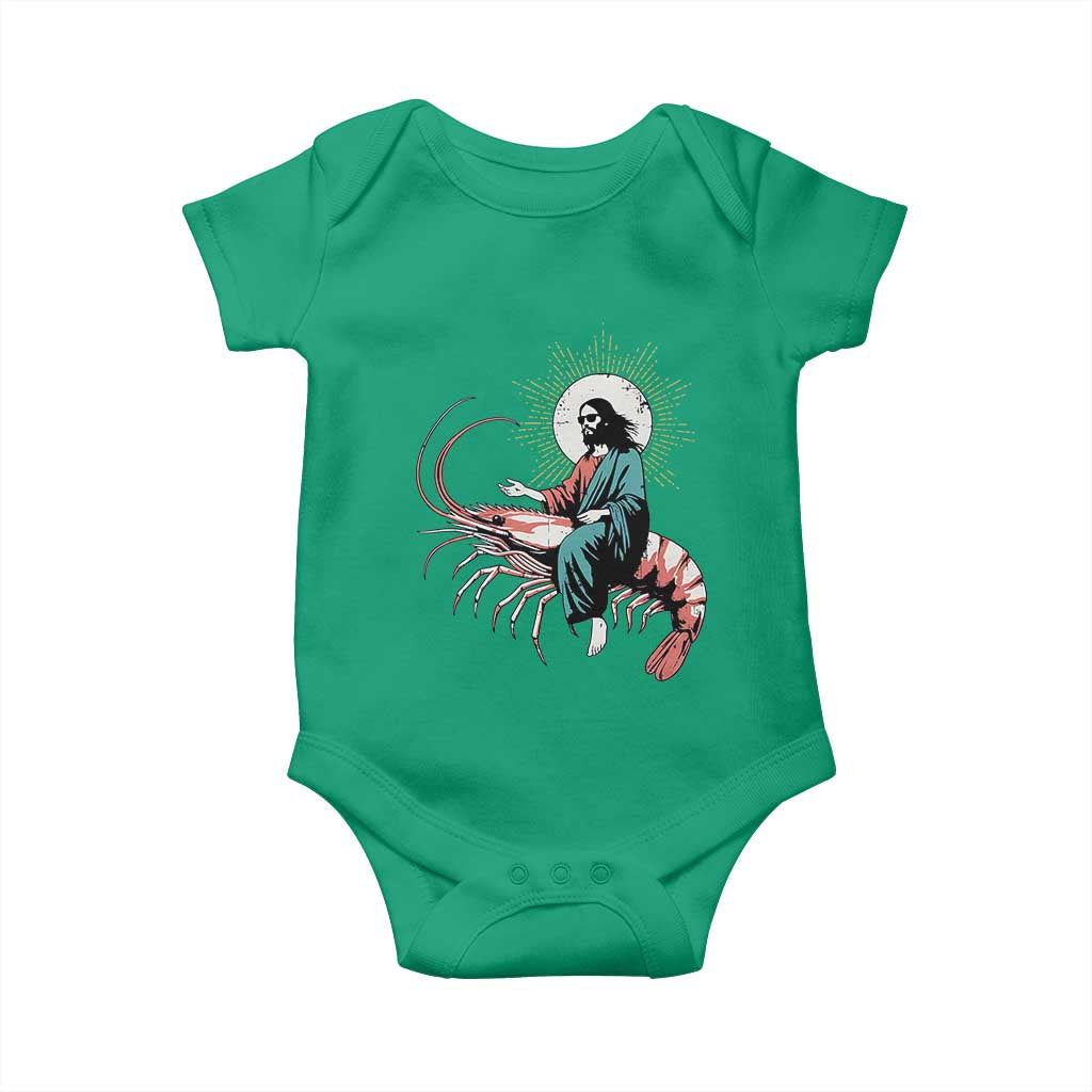 Funny Christian Prawn Baby Onesie Retro Jesus Riding A Shrimp Meme - Wonder Print Shop