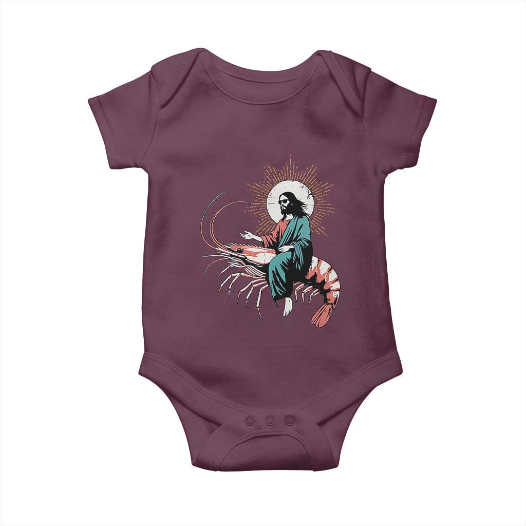 Funny Christian Prawn Baby Onesie Retro Jesus Riding A Shrimp Meme - Wonder Print Shop