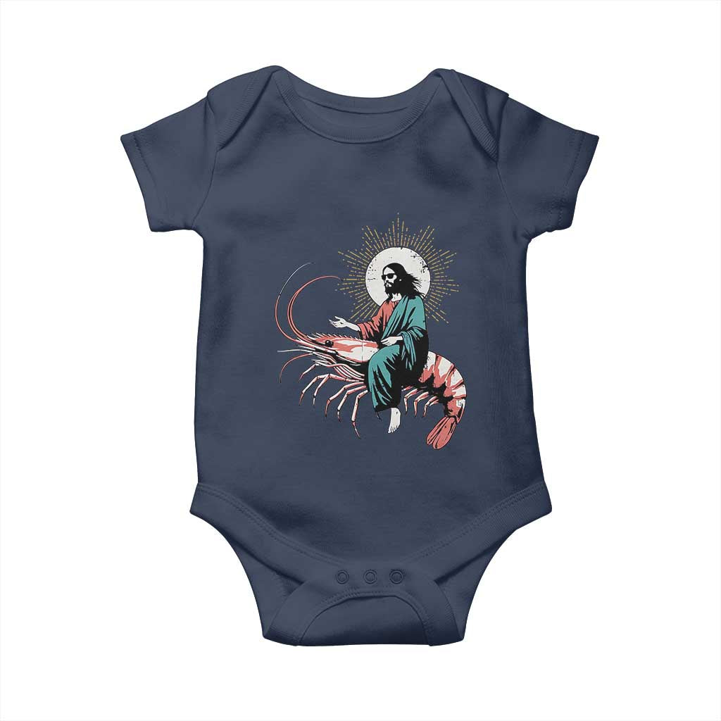 Funny Christian Prawn Baby Onesie Retro Jesus Riding A Shrimp Meme - Wonder Print Shop