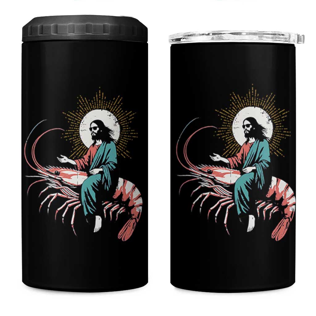 Funny Christian Prawn 4 in 1 Can Cooler Tumbler Retro Jesus Riding A Shrimp Meme - Wonder Print Shop