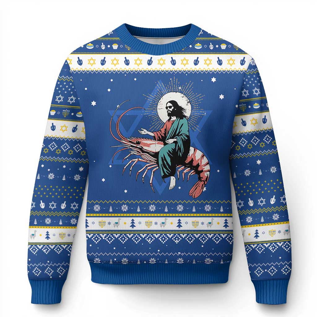 Funny Christian Prawn Hanukkah Ugly Sweater Retro Jesus Riding A Shrimp Meme - Wonder Print Shop