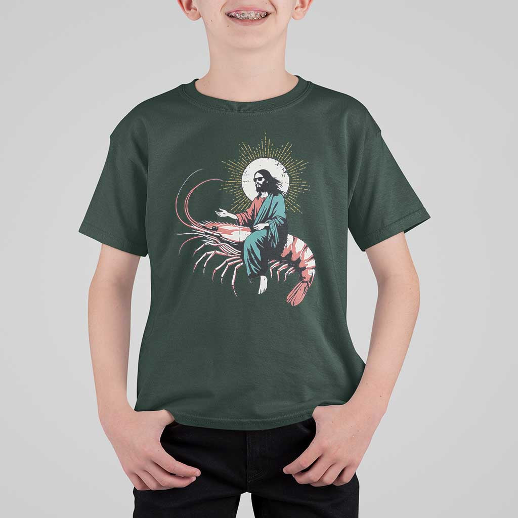 Funny Christian Prawn T Shirt For Kid Retro Jesus Riding A Shrimp Meme - Wonder Print Shop