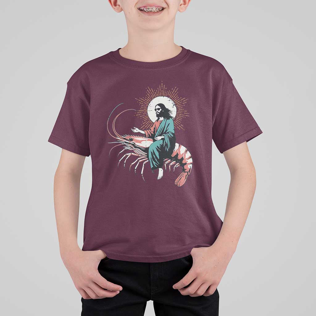 Funny Christian Prawn T Shirt For Kid Retro Jesus Riding A Shrimp Meme - Wonder Print Shop