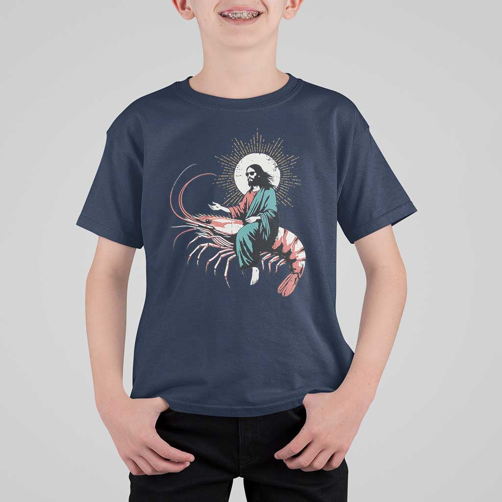 Funny Christian Prawn T Shirt For Kid Retro Jesus Riding A Shrimp Meme - Wonder Print Shop