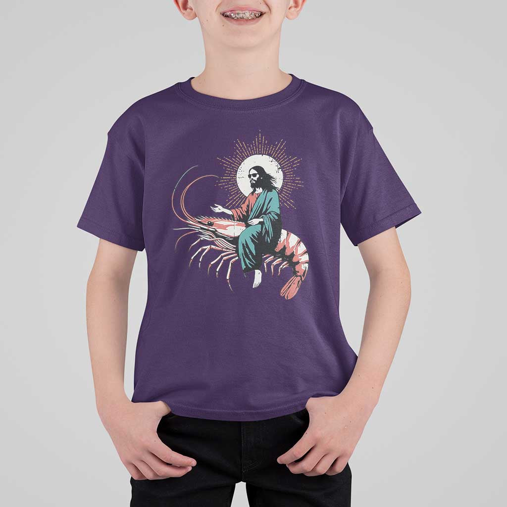 Funny Christian Prawn T Shirt For Kid Retro Jesus Riding A Shrimp Meme - Wonder Print Shop