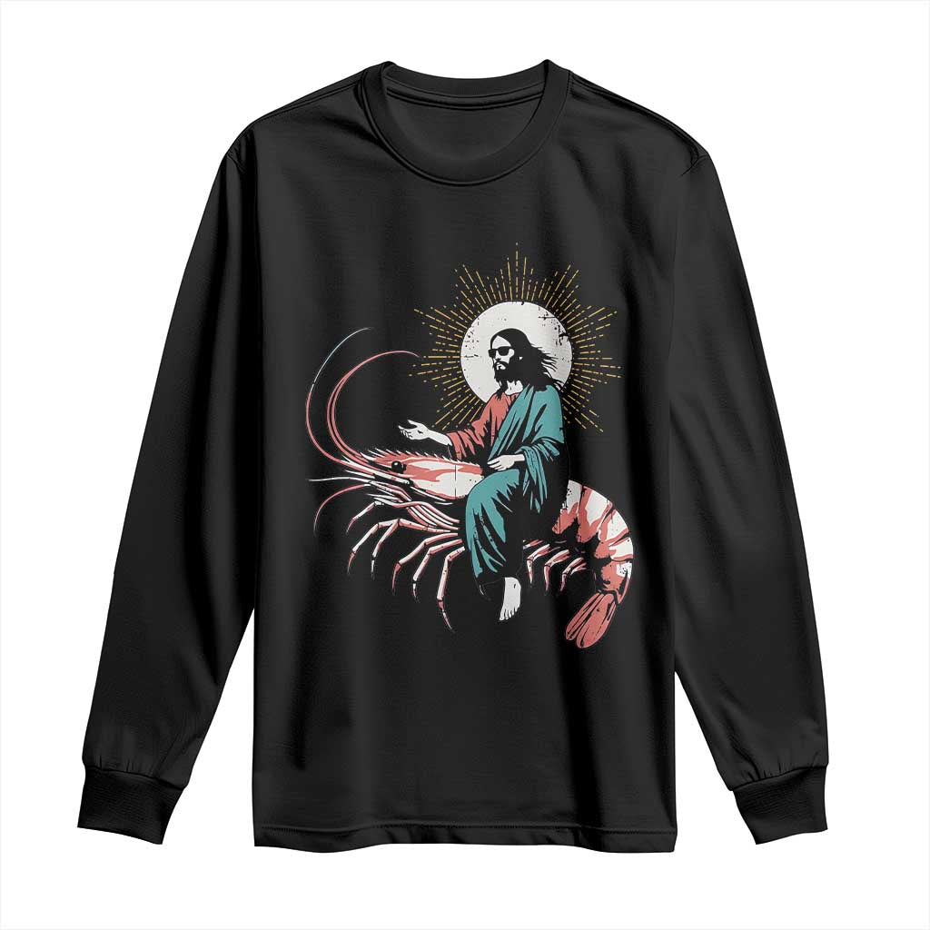 Funny Christian Prawn Long Sleeve Shirt Retro Jesus Riding A Shrimp Meme - Wonder Print Shop