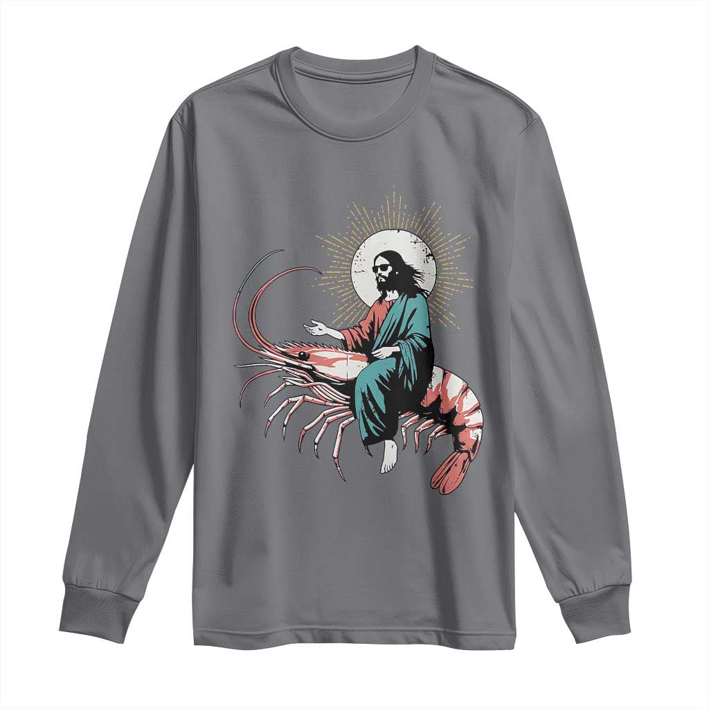 Funny Christian Prawn Long Sleeve Shirt Retro Jesus Riding A Shrimp Meme - Wonder Print Shop