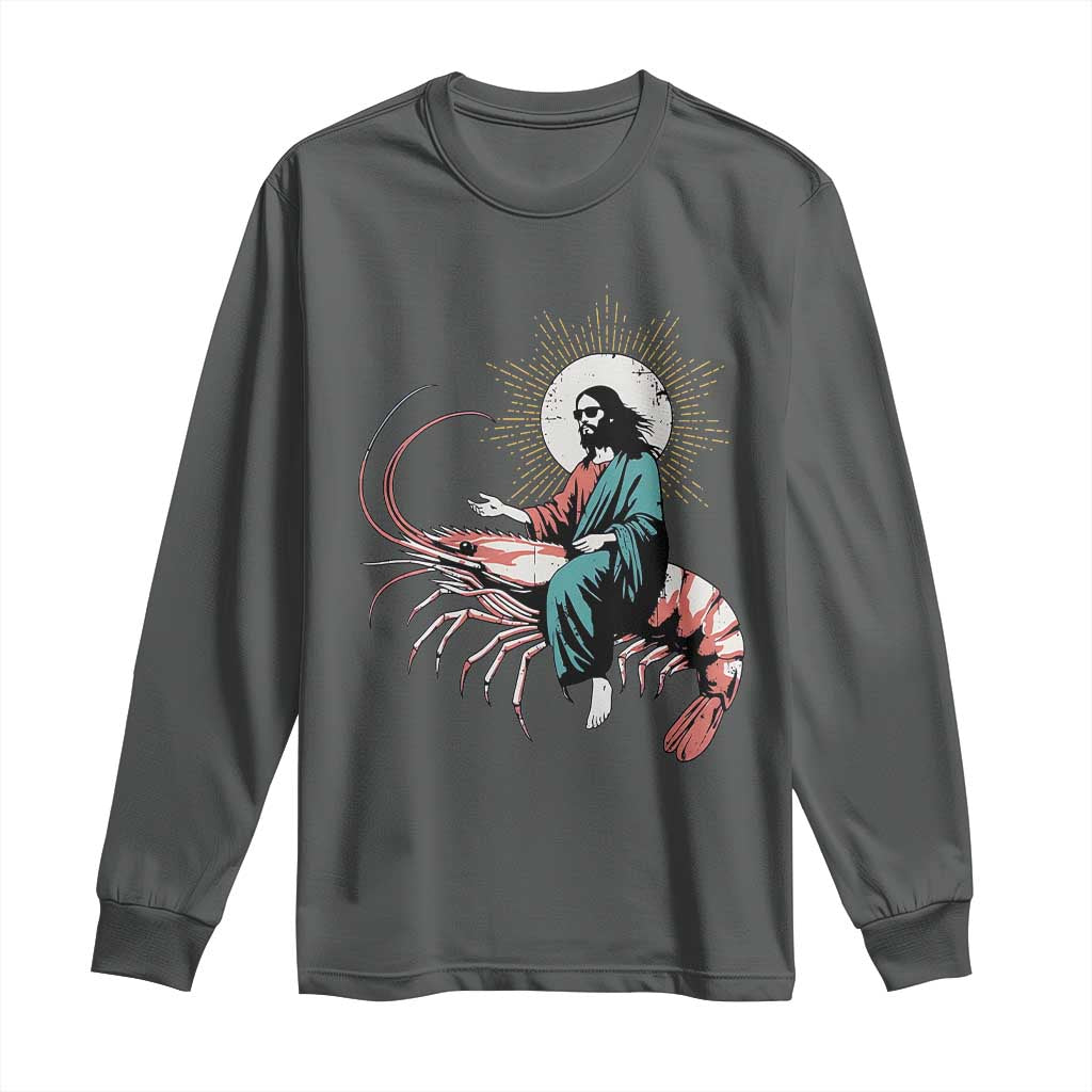 Funny Christian Prawn Long Sleeve Shirt Retro Jesus Riding A Shrimp Meme - Wonder Print Shop