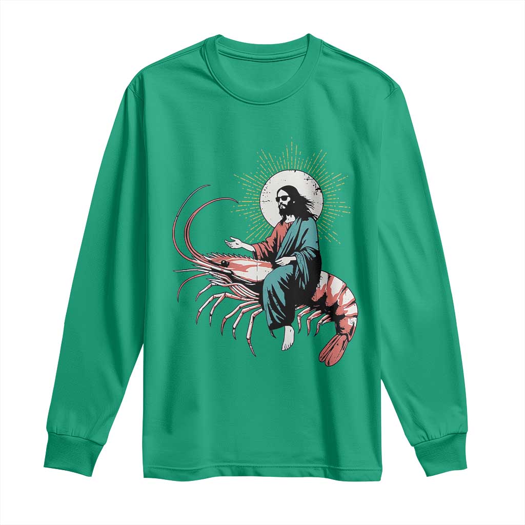Funny Christian Prawn Long Sleeve Shirt Retro Jesus Riding A Shrimp Meme - Wonder Print Shop