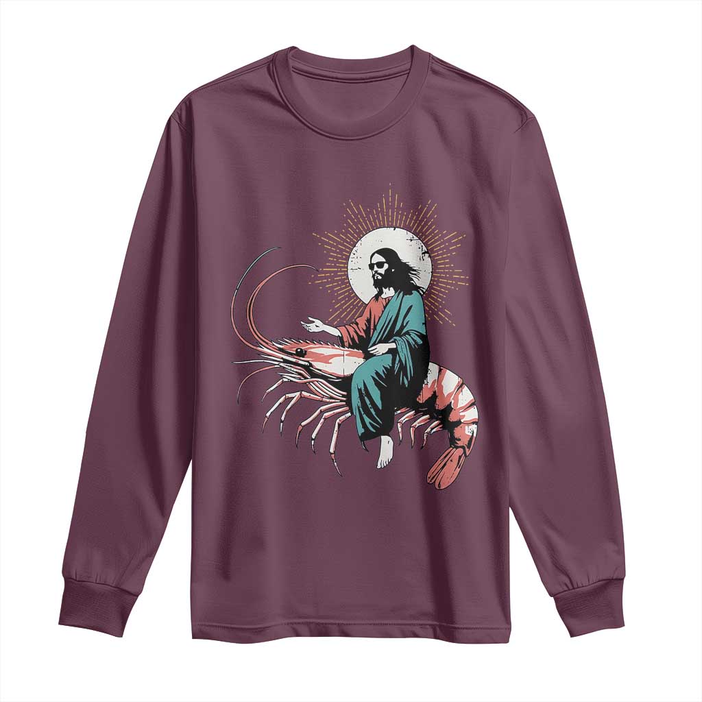 Funny Christian Prawn Long Sleeve Shirt Retro Jesus Riding A Shrimp Meme - Wonder Print Shop