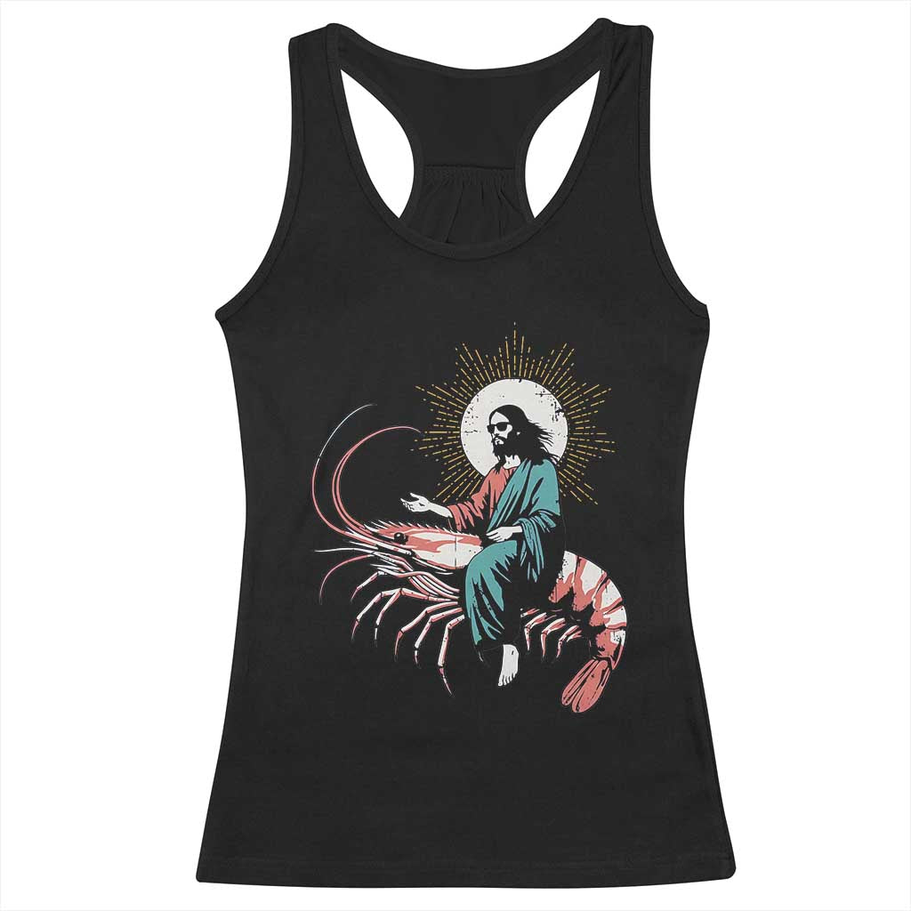 Funny Christian Prawn Racerback Tank Top Retro Jesus Riding A Shrimp Meme - Wonder Print Shop