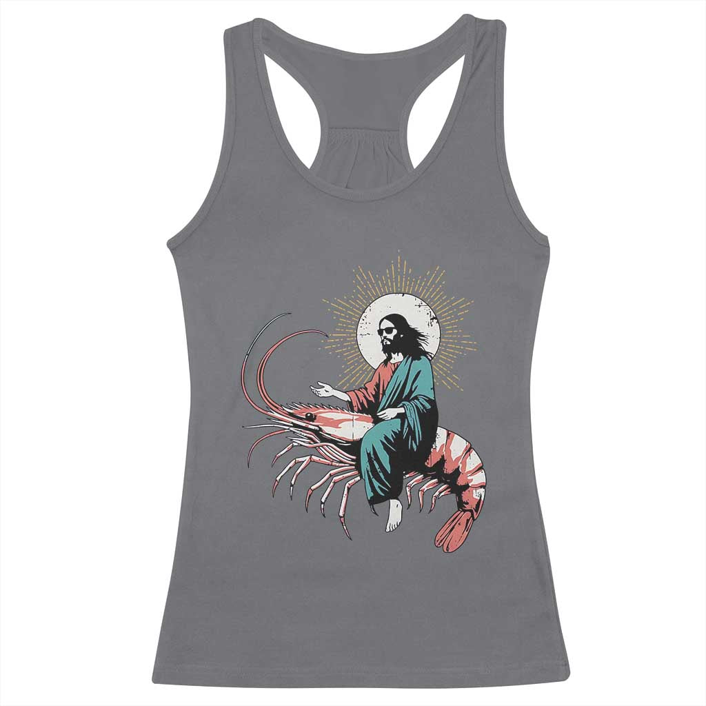 Funny Christian Prawn Racerback Tank Top Retro Jesus Riding A Shrimp Meme - Wonder Print Shop