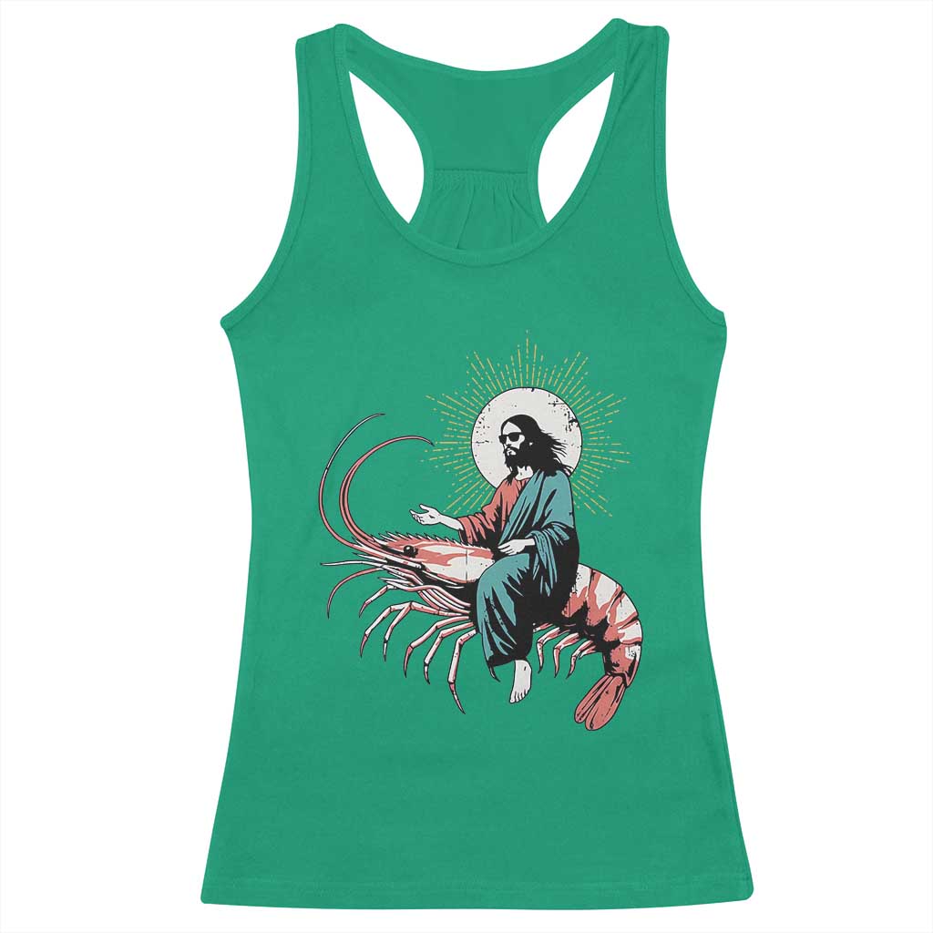 Funny Christian Prawn Racerback Tank Top Retro Jesus Riding A Shrimp Meme - Wonder Print Shop