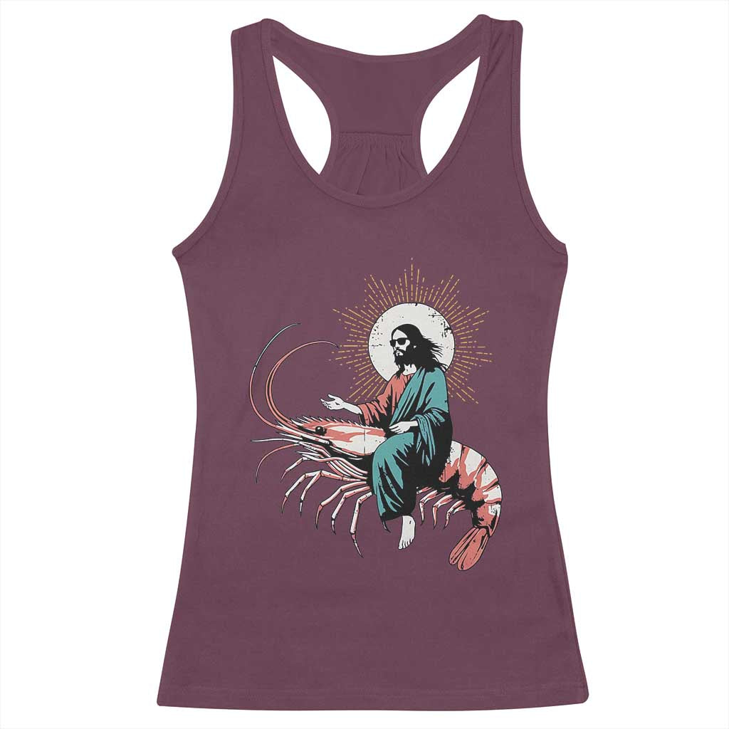 Funny Christian Prawn Racerback Tank Top Retro Jesus Riding A Shrimp Meme - Wonder Print Shop