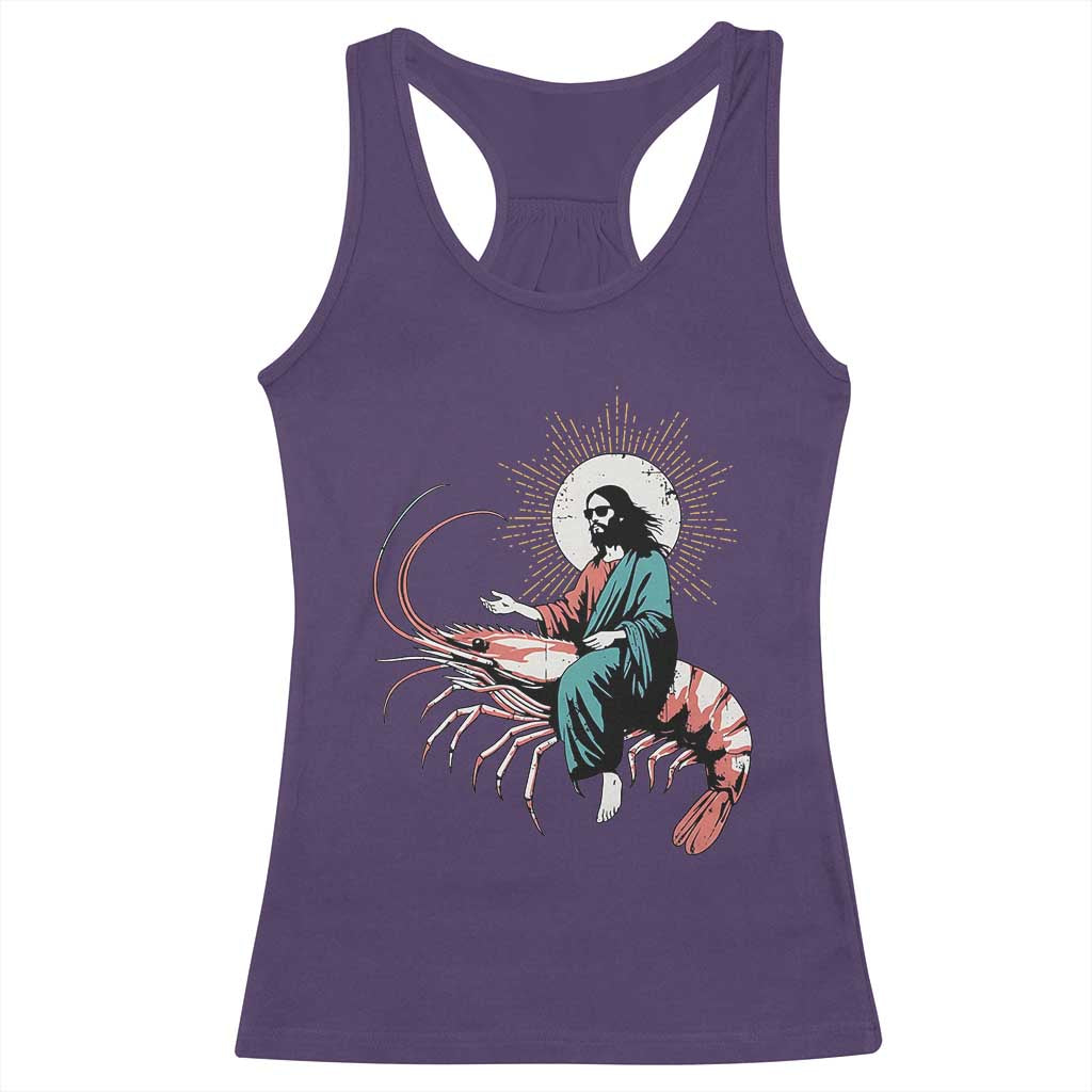 Funny Christian Prawn Racerback Tank Top Retro Jesus Riding A Shrimp Meme - Wonder Print Shop