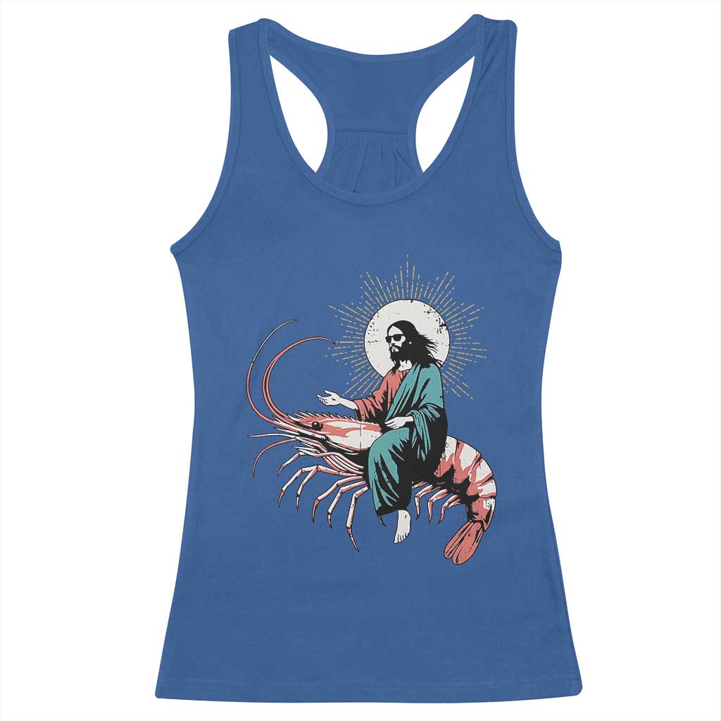 Funny Christian Prawn Racerback Tank Top Retro Jesus Riding A Shrimp Meme - Wonder Print Shop