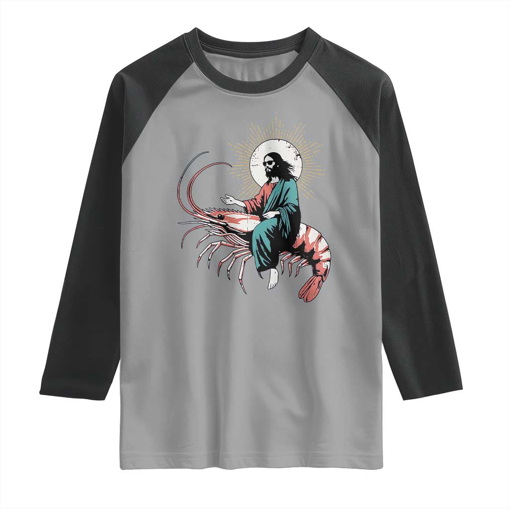 Funny Christian Prawn Raglan Shirt Retro Jesus Riding A Shrimp Meme - Wonder Print Shop