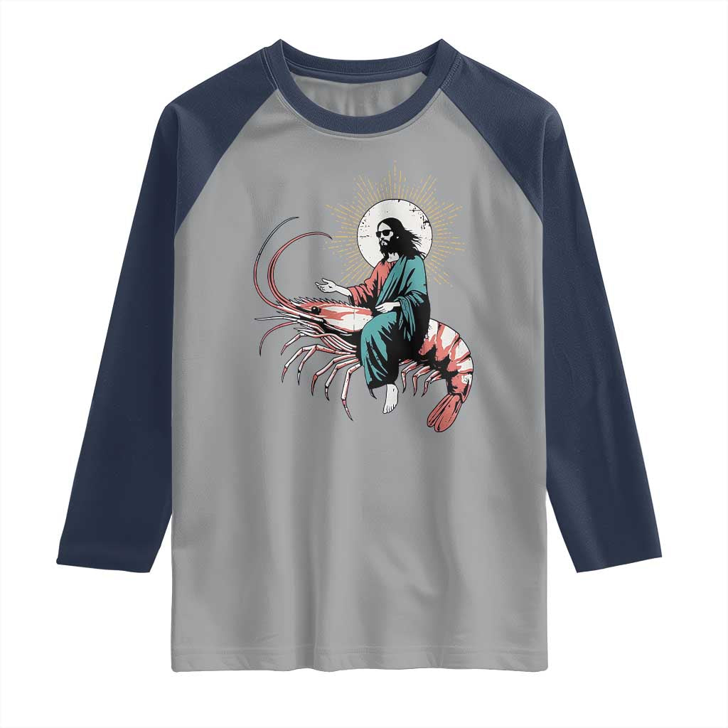Funny Christian Prawn Raglan Shirt Retro Jesus Riding A Shrimp Meme - Wonder Print Shop