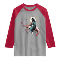 Funny Christian Prawn Raglan Shirt Retro Jesus Riding A Shrimp Meme - Wonder Print Shop