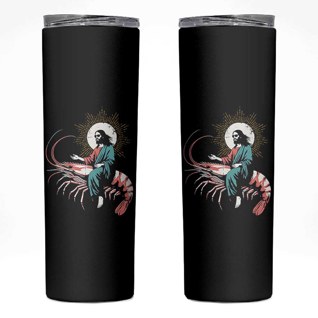 Funny Christian Prawn Skinny Tumbler Retro Jesus Riding A Shrimp Meme - Wonder Print Shop