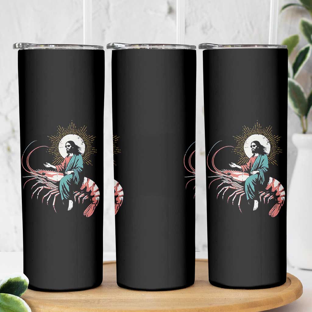 Funny Christian Prawn Skinny Tumbler Retro Jesus Riding A Shrimp Meme - Wonder Print Shop