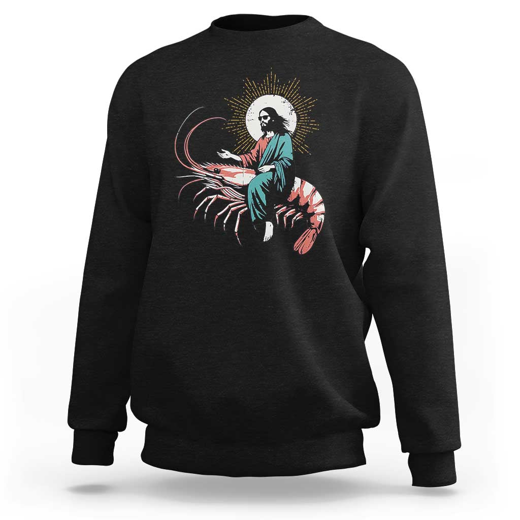 Funny Christian Prawn Sweatshirt Retro Jesus Riding A Shrimp Meme - Wonder Print Shop