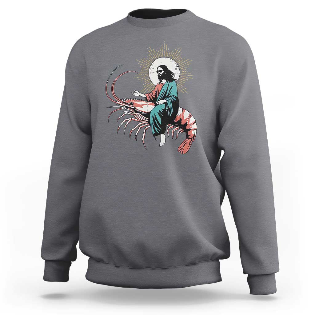 Funny Christian Prawn Sweatshirt Retro Jesus Riding A Shrimp Meme - Wonder Print Shop