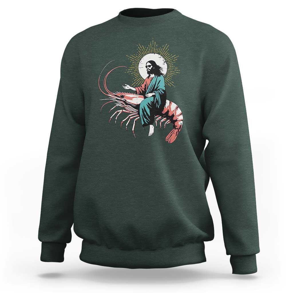 Funny Christian Prawn Sweatshirt Retro Jesus Riding A Shrimp Meme - Wonder Print Shop