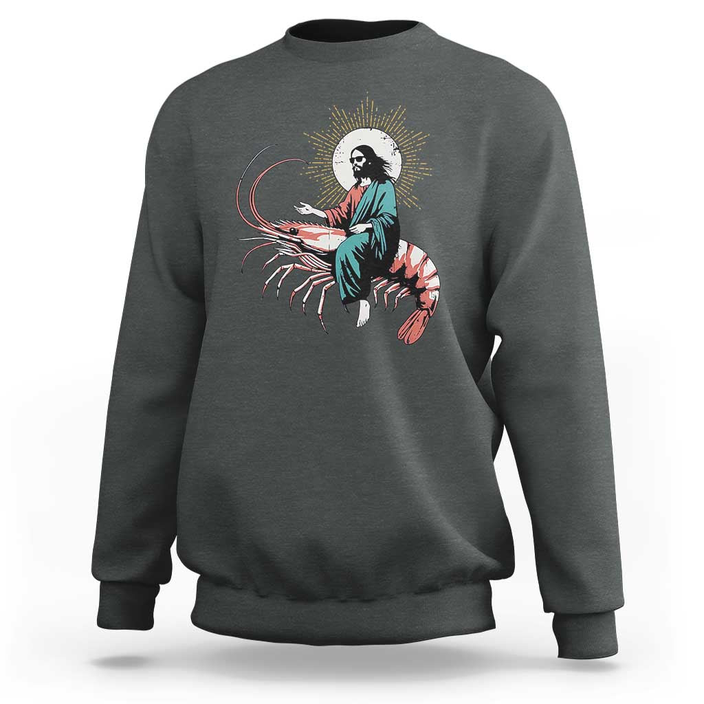 Funny Christian Prawn Sweatshirt Retro Jesus Riding A Shrimp Meme - Wonder Print Shop