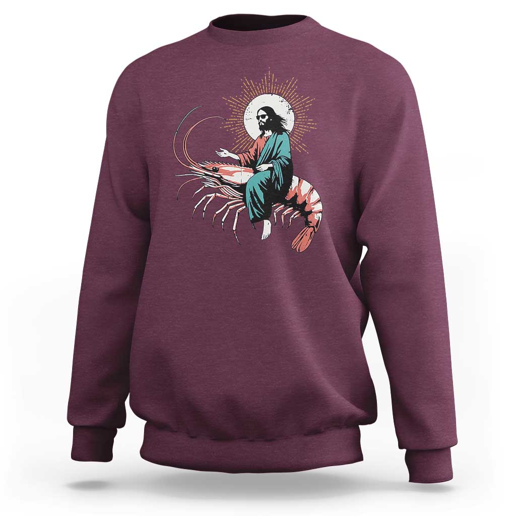 Funny Christian Prawn Sweatshirt Retro Jesus Riding A Shrimp Meme - Wonder Print Shop