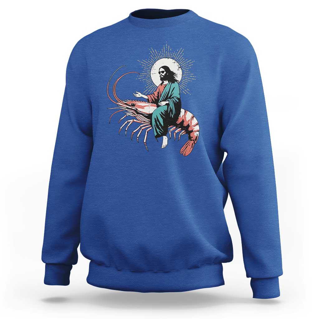 Funny Christian Prawn Sweatshirt Retro Jesus Riding A Shrimp Meme - Wonder Print Shop