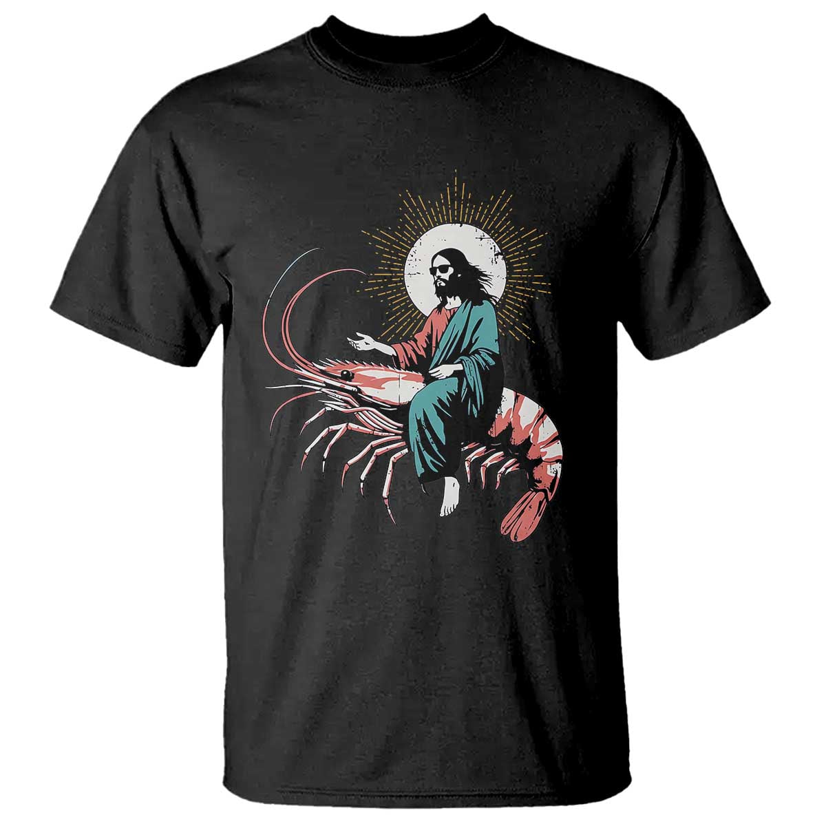 Funny Christian Prawn T Shirt Retro Jesus Riding A Shrimp Meme - Wonder Print Shop