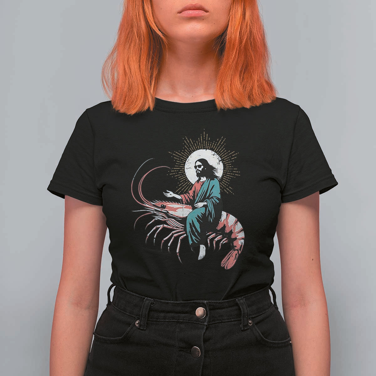 Funny Christian Prawn T Shirt For Women Retro Jesus Riding A Shrimp Meme - Wonder Print Shop