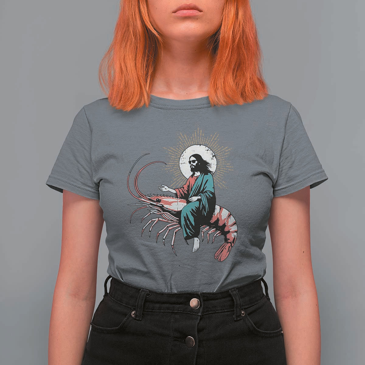 Funny Christian Prawn T Shirt For Women Retro Jesus Riding A Shrimp Meme - Wonder Print Shop