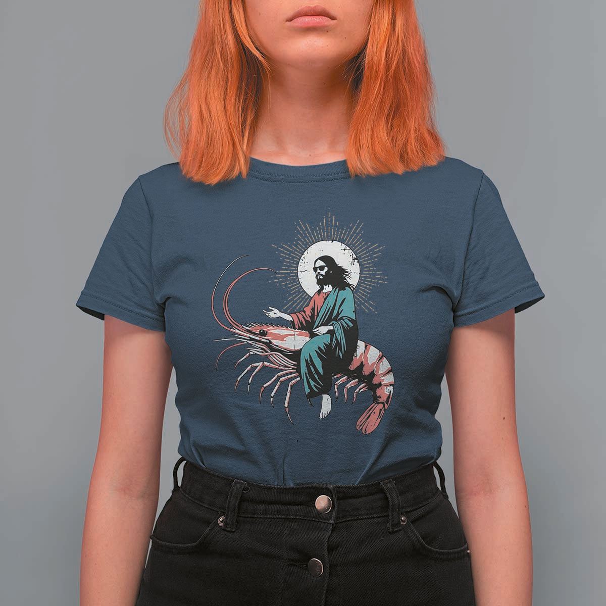 Funny Christian Prawn T Shirt For Women Retro Jesus Riding A Shrimp Meme - Wonder Print Shop